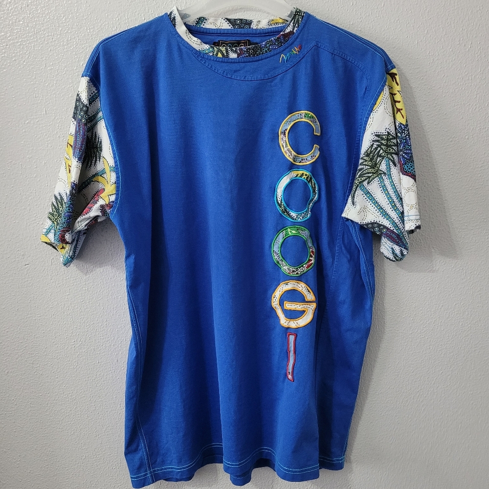 COOGI Blue Short Sleeve Tee with Unique Patterned Sleeves
